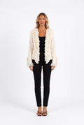 Cream open-front fringe-trim cropped jacket — front