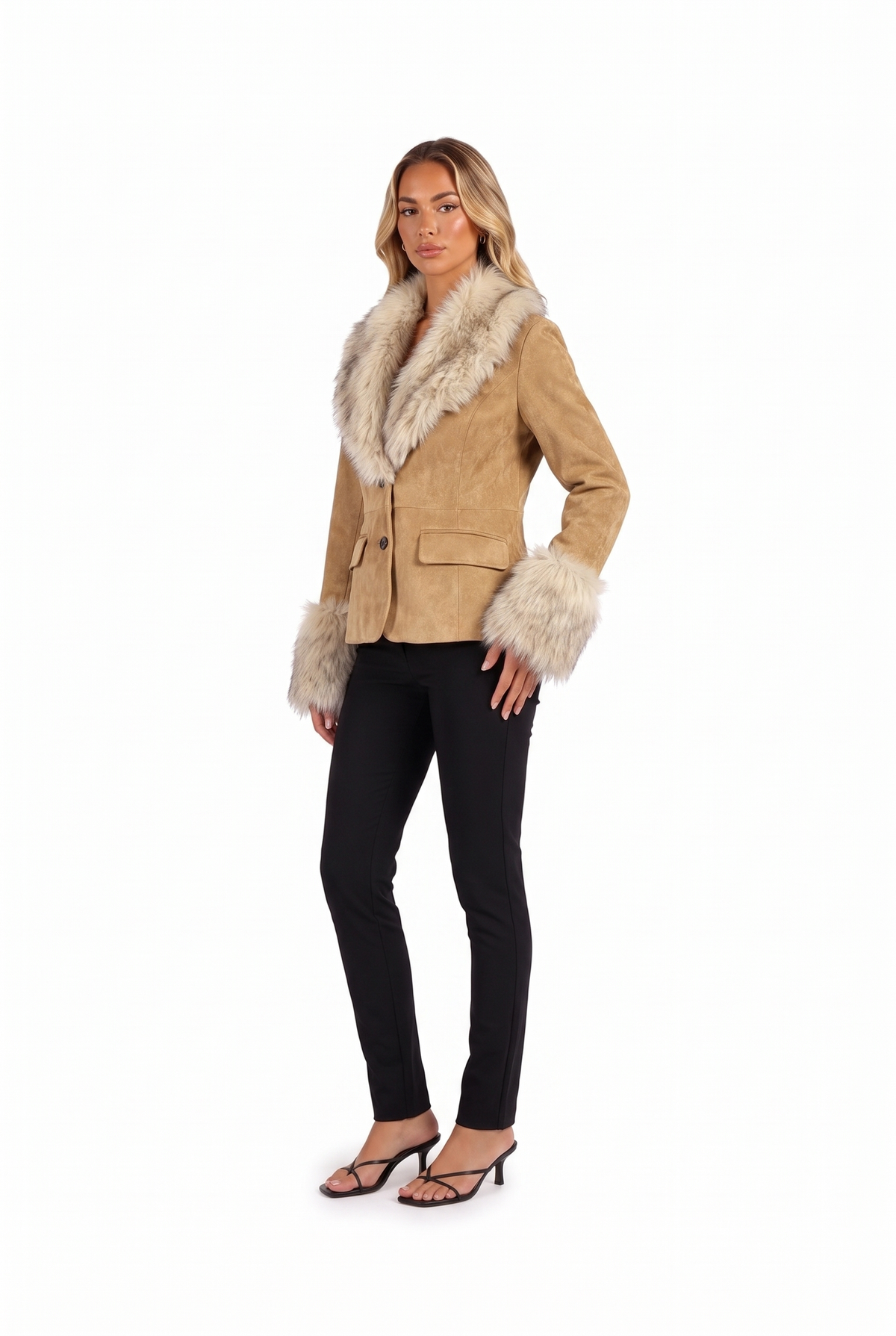 Camel faux-suede blazer with faux fur collar and cuffs — three-quarter