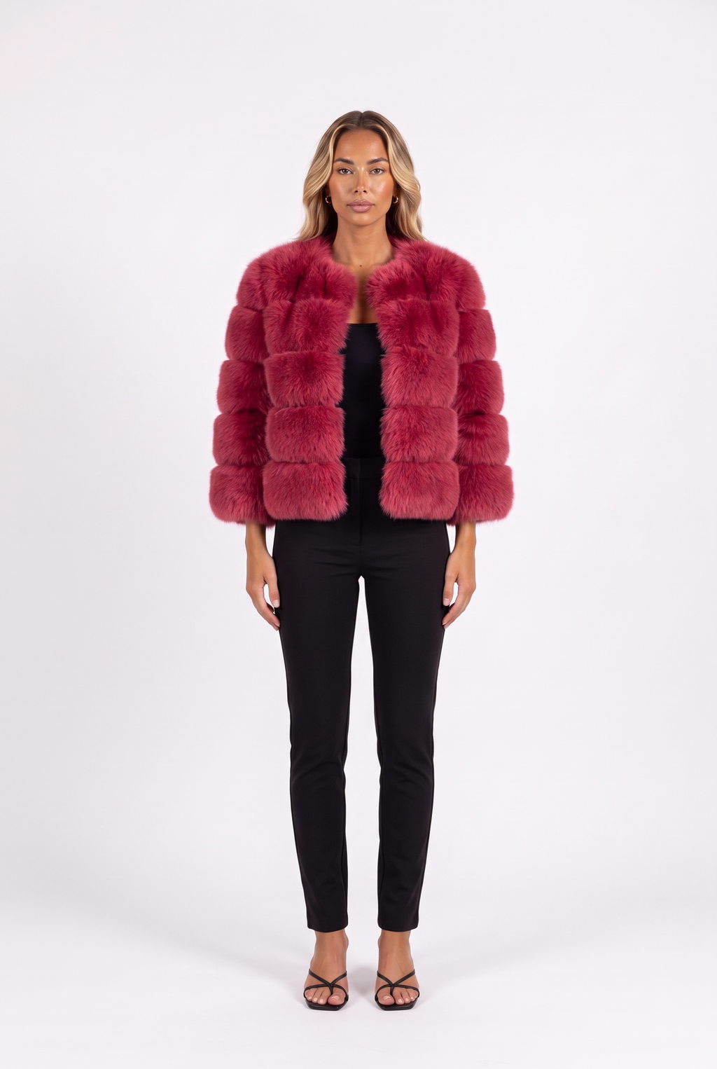 Rose Red cropped faux fur jacket with three-quarter sleeves — front